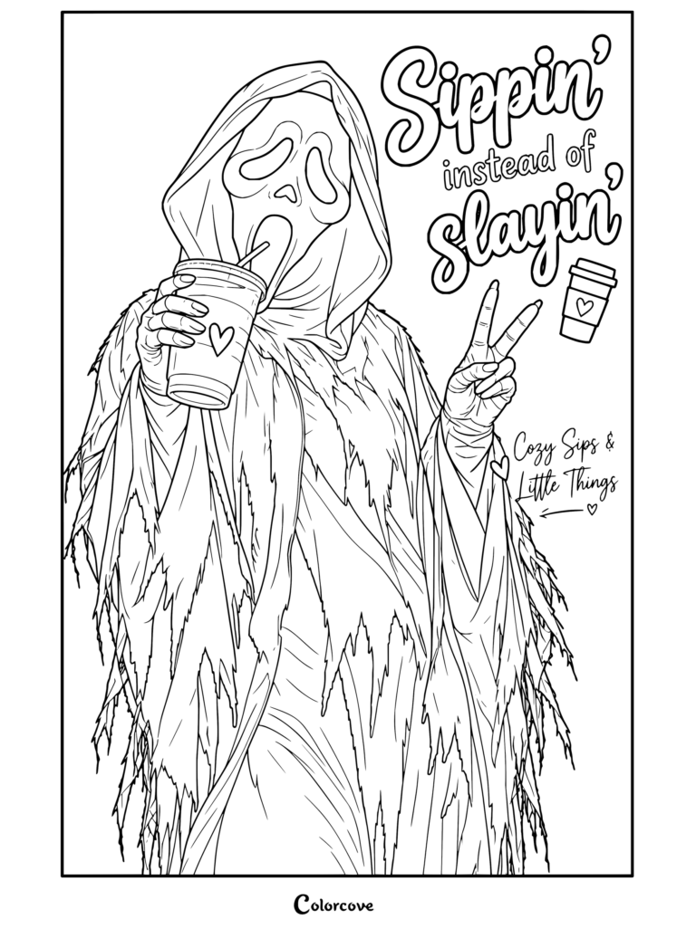 Coloriage de Ghostface de Scream vêtu d'une robe noire déchirée à capuche et de gants, buvant un café glacé tout en faisant le signe de paix.