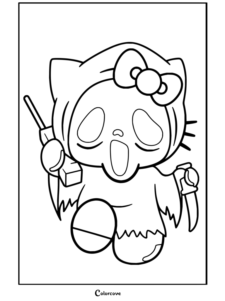 Un coloriage de Hello Kitty déguisée en Ghostface de Scream, tenant un téléphone portable et un couteau.