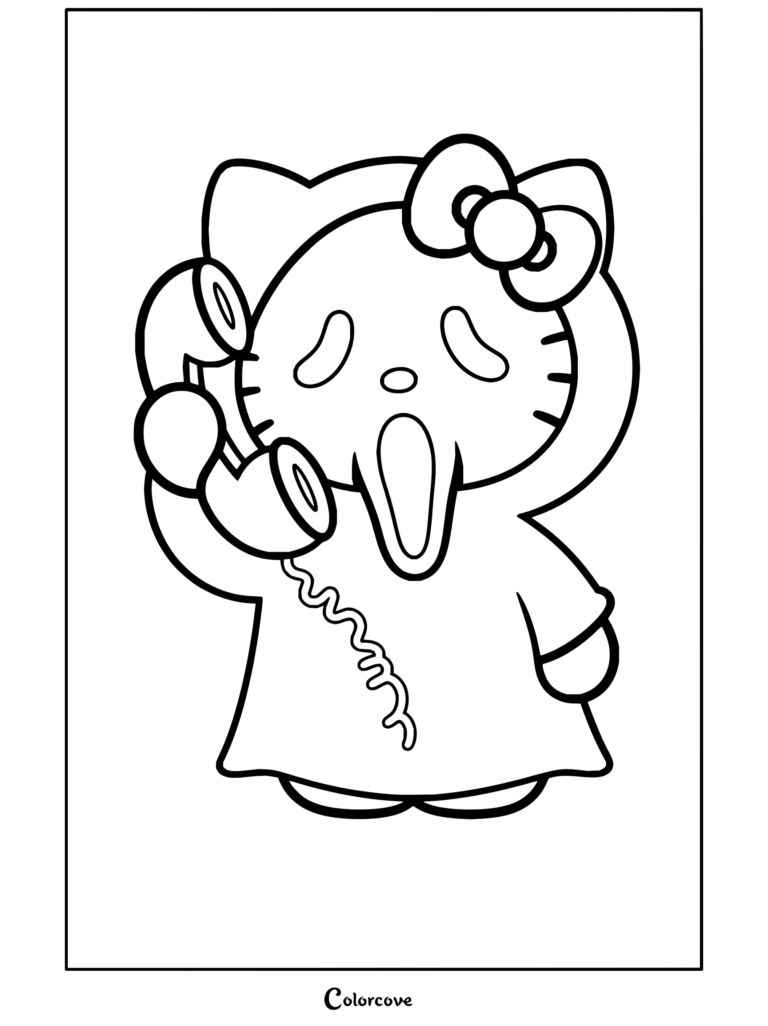 Coloriage de Hello Kitty déguisée en Ghostface de Scream tenant un combiné téléphonique orné d'un nœud.