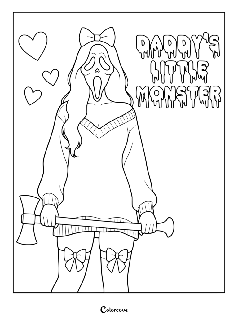 Coloriage de Ghostface de Scream mettant en vedette un personnage pastel goth portant un pull, tenant une hache et entouré de cœurs avec le texte coulant « Daddy's Little Monster ».