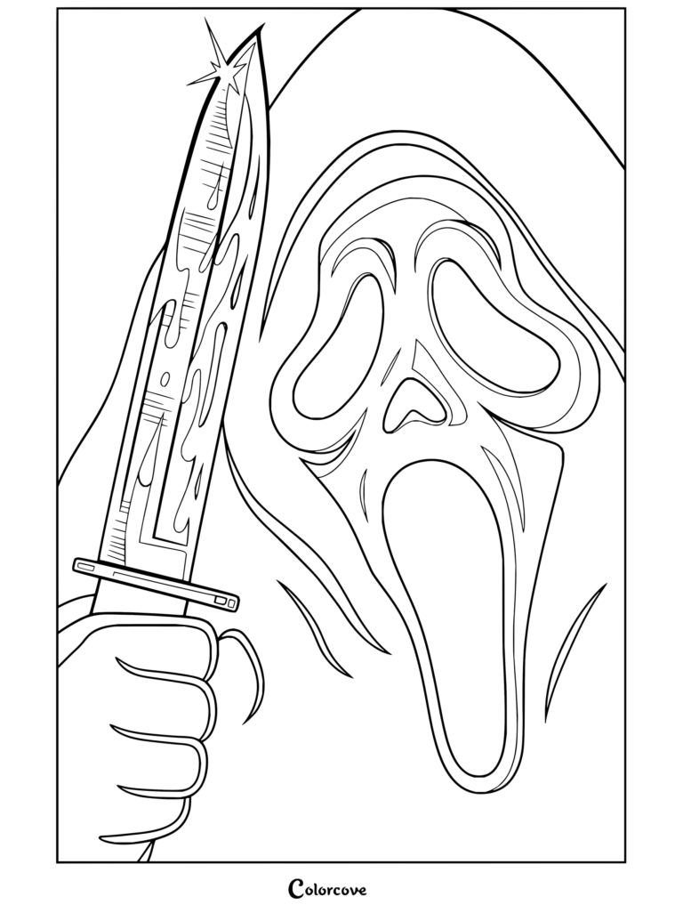 Coloriage Ghostface de Scream présentant un gros plan rétro et sombre du personnage tenant un couteau ensanglanté.