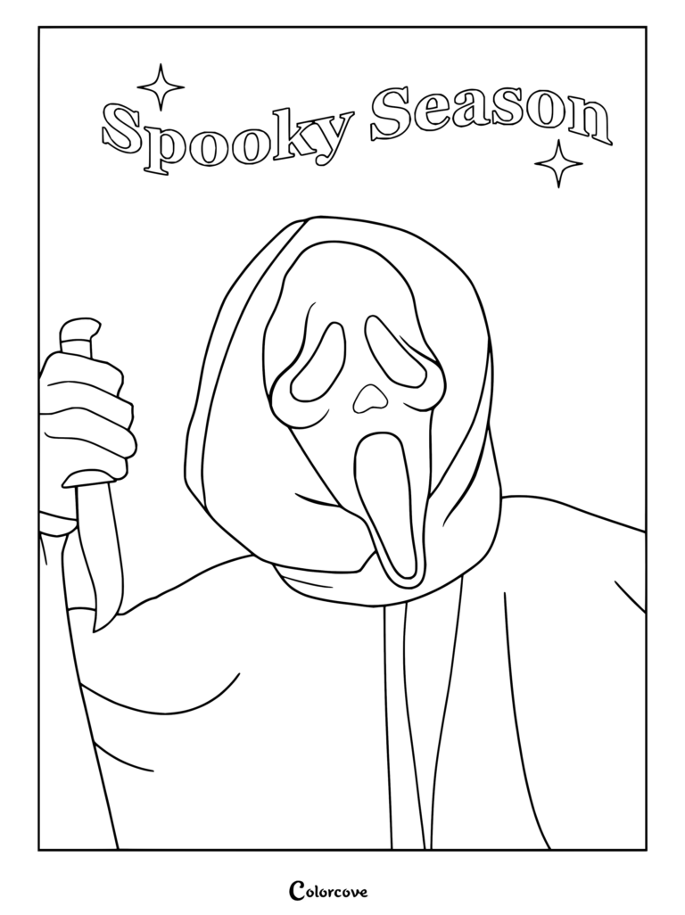 Coloriage Ghostface de Scream montrant Ghostface de Scream tenant un couteau avec le texte Spooky Season.