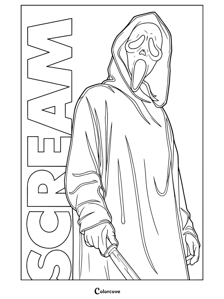 Coloriage Ghostface de Scream représentant Ghostface de Scream tenant un couteau, vêtu d'une robe noire à capuche avec le texte Scream à la verticale sur le côté.