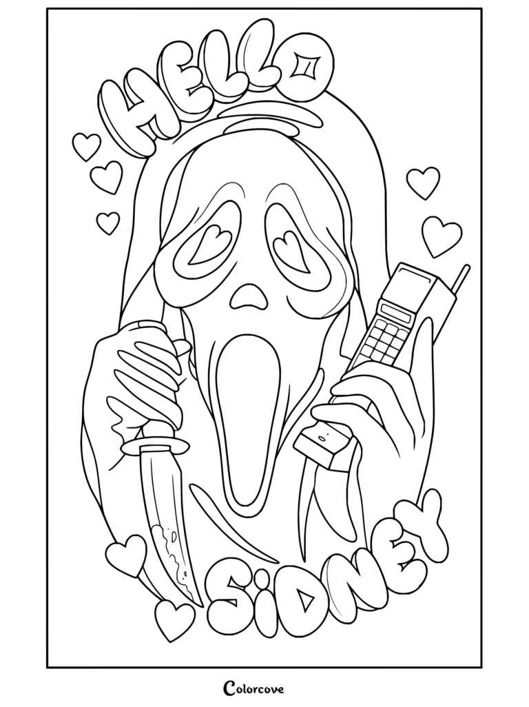 Coloriage de Ghostface de Scream tenant un téléphone rose et un couteau ensanglanté avec le texte « hello sidney ».