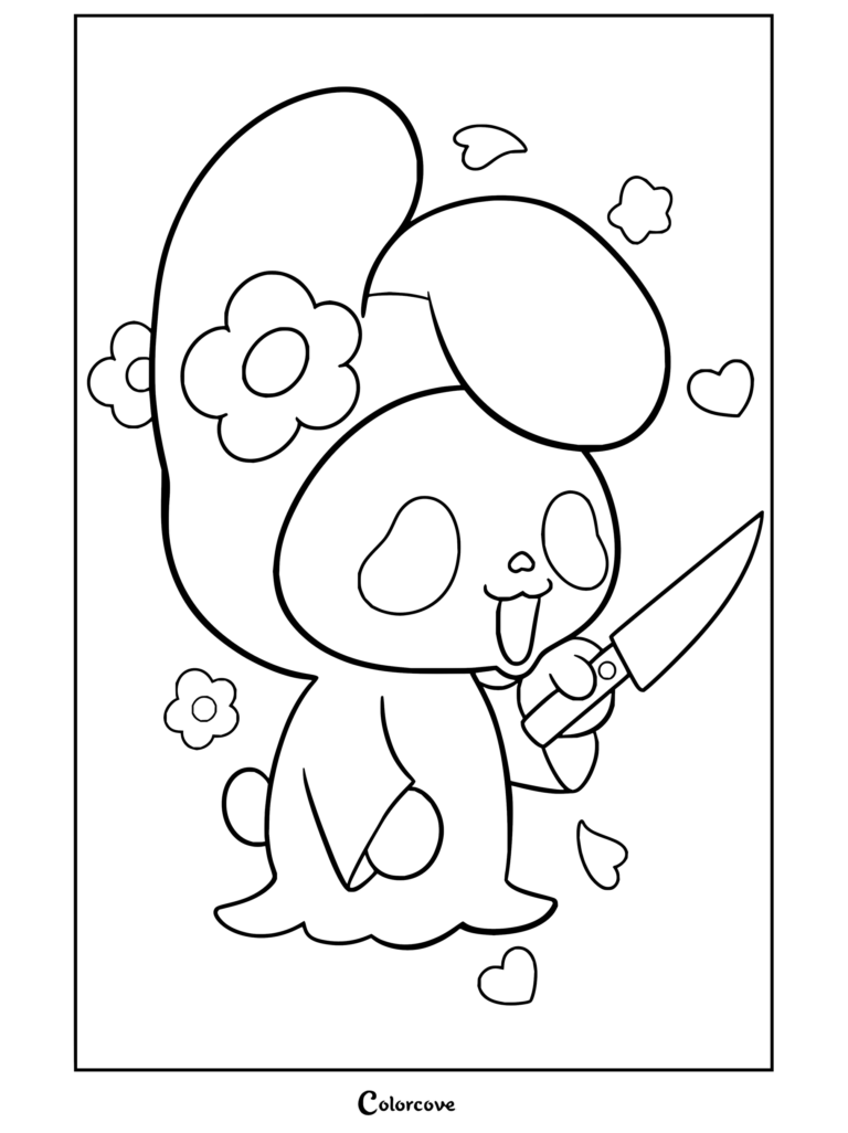Coloriage à imprimer de Ghostface de Scream mettant en scène une adorable version chibi sous une capuche fleurie, tenant un couteau et souriant malicieusement.