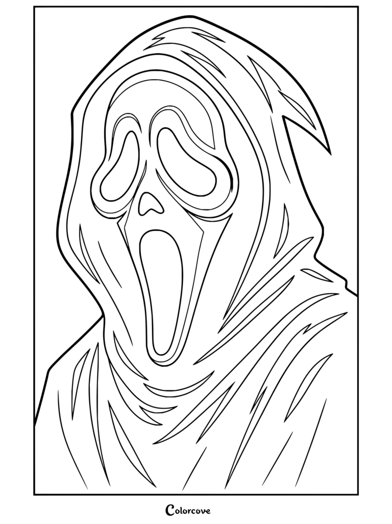 Un coloriage à imprimer de Ghostface de Scream présentant un portrait cartoon vintage du masque emblématique et de la robe noire à capuche.
