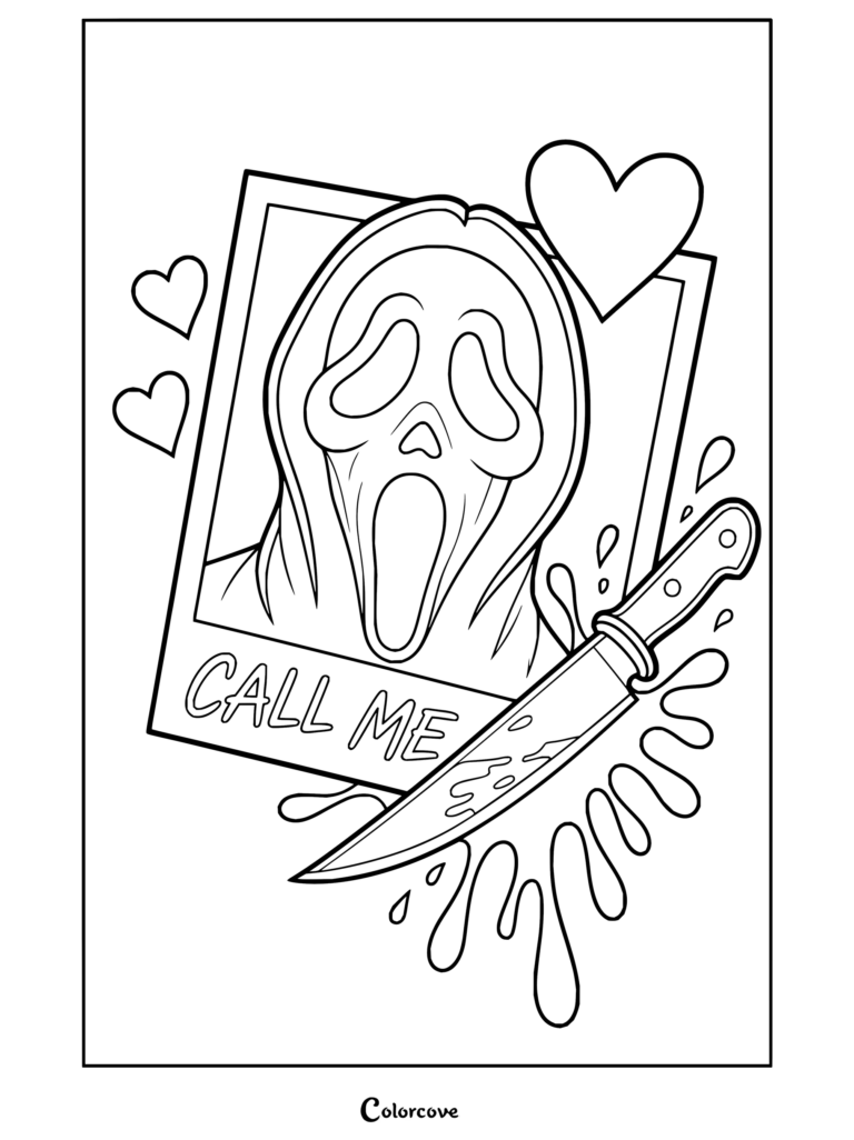 Coloriage de Ghostface de Scream présentant une photo polaroïd avec l'inscription « call me », un couteau, des éclaboussures de sang et des cœurs.