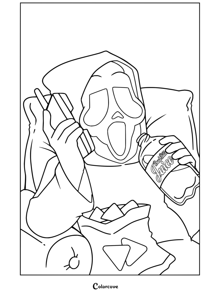 Coloriage de Ghostface de Scream mettant en scène le personnage en train de se détendre sur un canapé, mangeant des nachos, tenant un téléphone et buvant un jus.