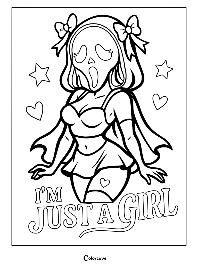 Coloriage de Ghostface de Scream montrant une version féminine mignonne vêtue d'un crop top et de nœuds, entourée d'étoiles et de cœurs, avec l'inscription « I'm Just a Girl ».