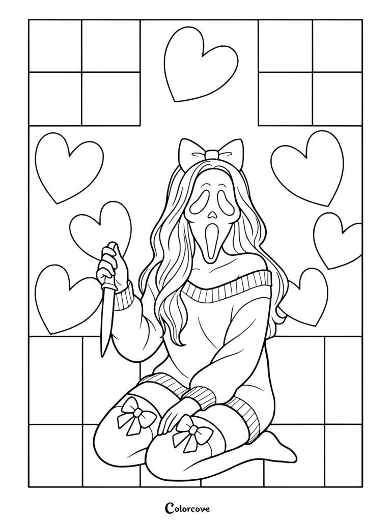Un coloriage de Ghostface de Scream mettant en scène une fille pastel rose portant un nœud et un pull, tenant un couteau et entourée de cœurs.