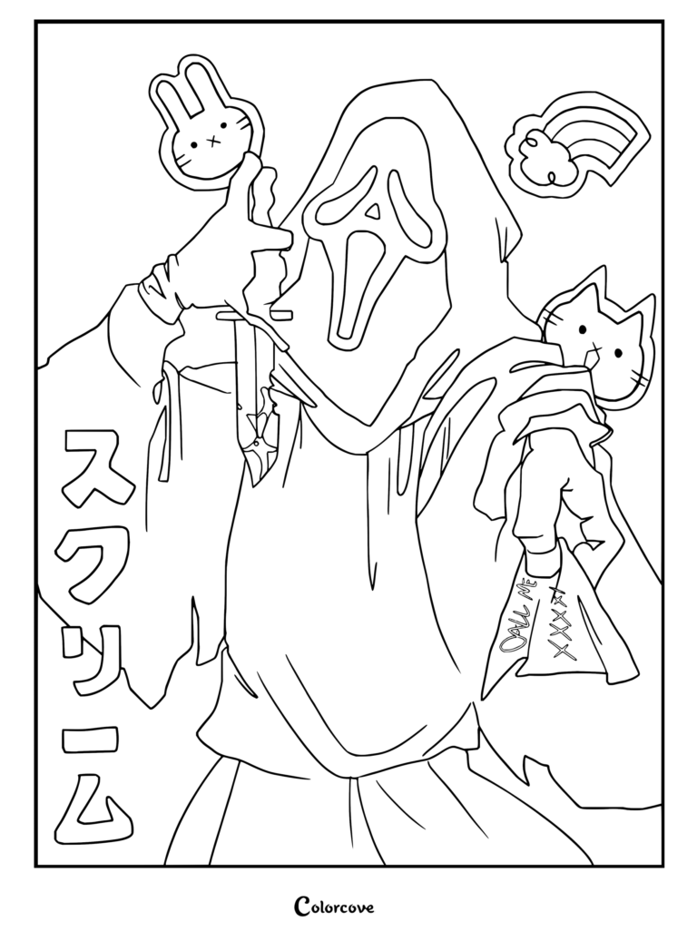 Coloriage esthétique rose et mignon de Ghostface de Scream tenant un couteau ensanglanté et une note jaune « call me ».