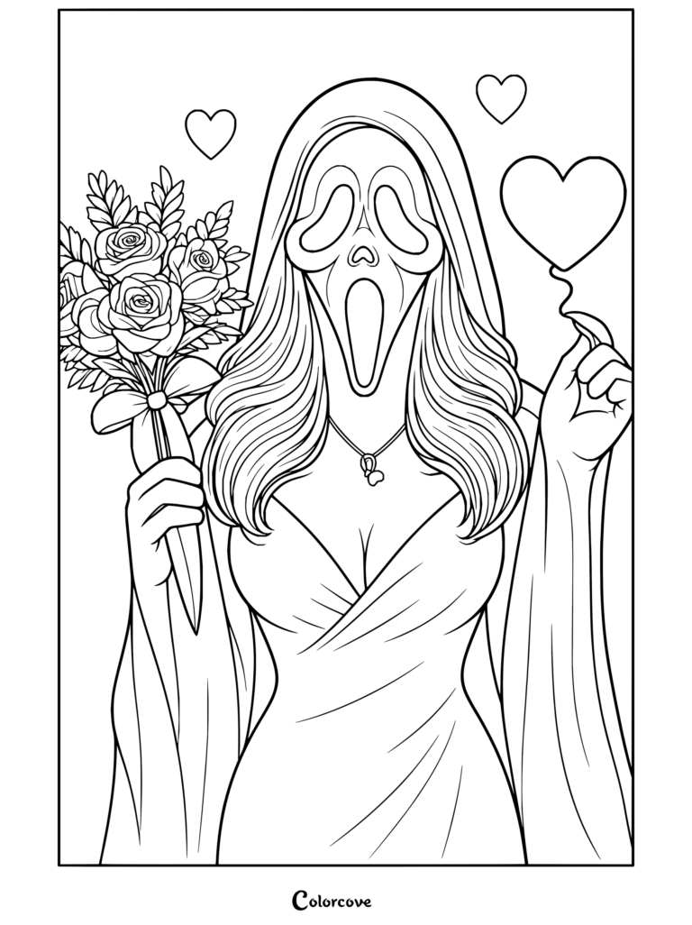 Coloriage gratuit à imprimer d'un Ghostface de Scream féminisé tenant un bouquet de roses dissimulant un couteau et un ballon en forme de cœur, entouré de cœurs flottants.