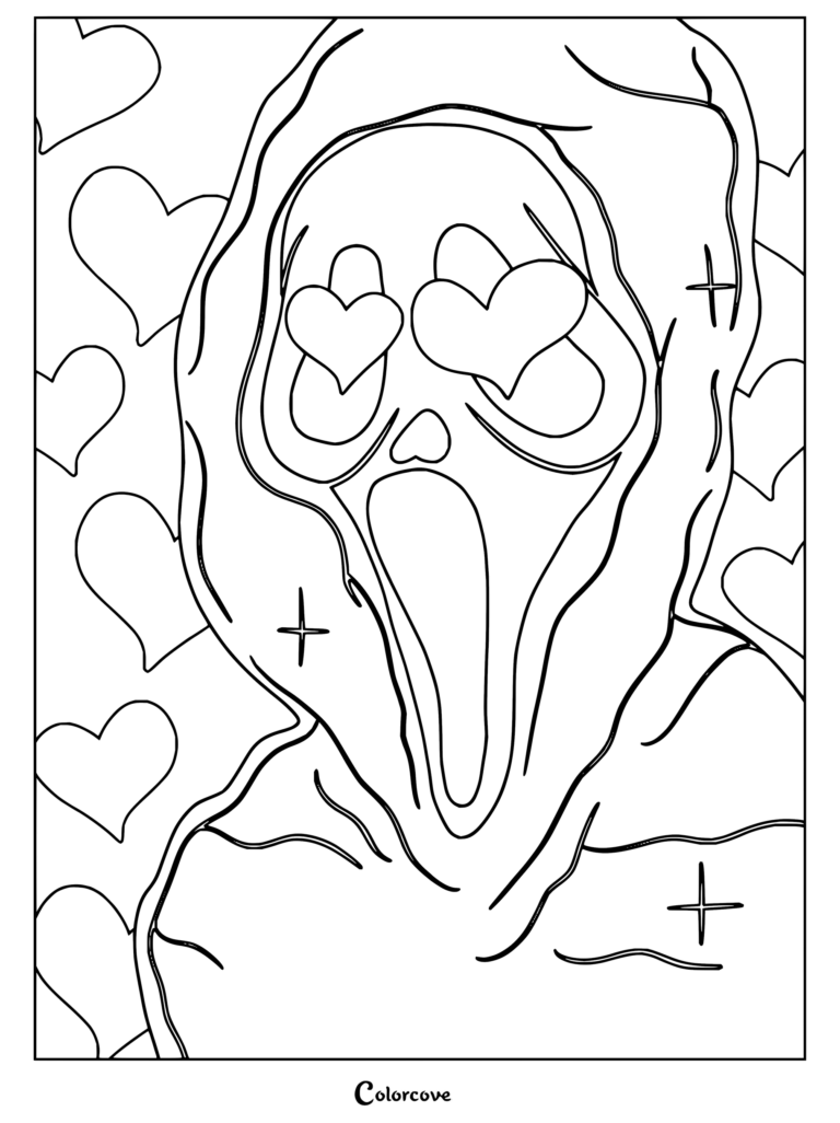 Coloriage de Ghostface de Scream portant un sweat à capuche noir avec des yeux en forme de cœurs rouges, entouré de cœurs sur un fond rose.