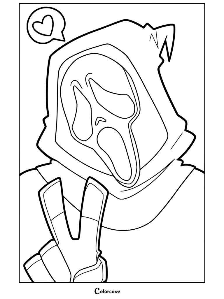 Coloriage de Ghostface de Scream montrant le personnage encapuchonné faisant le signe de paix avec une bulle de dialogue en forme de cœur.