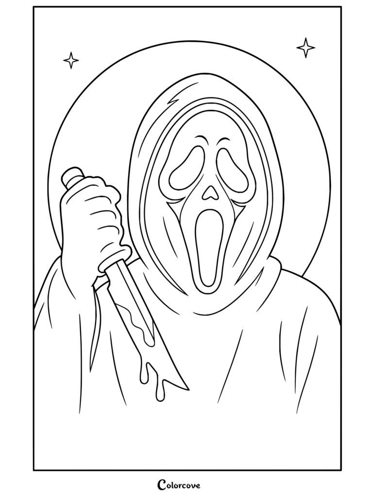 Coloriage Ghostface de Scream montrant Ghostface de Scream tenant un couteau ensanglanté devant une pleine lune et un ciel étoilé.
