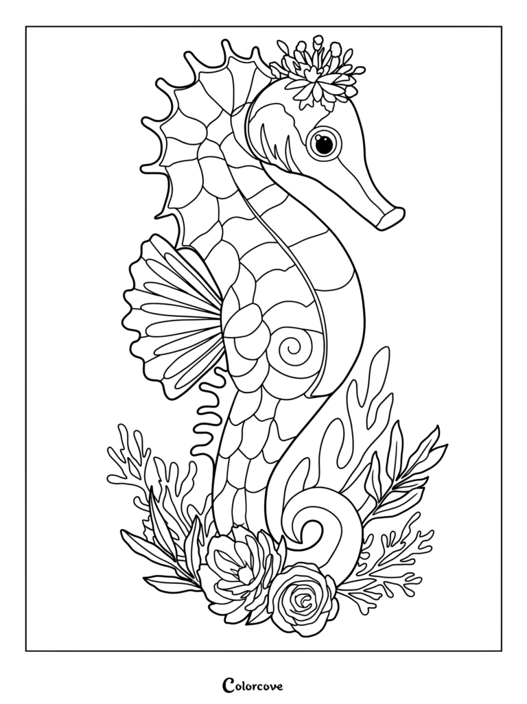 Detailed seahorse coloring page featuring intricate patterns and floral decorations among seaweed.