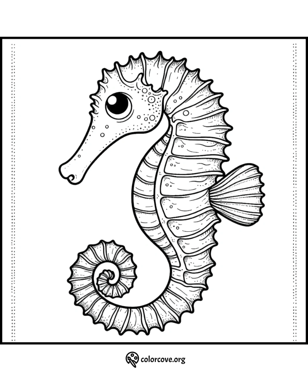 Seahorse coloring page illustration with intricate details and patterns, perfect for kids' creative coloring activities.