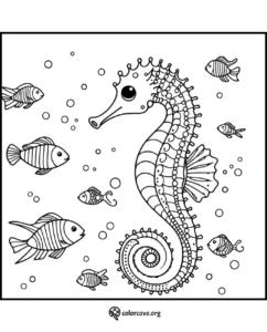 Seahorse coloring page with small fish and bubbles, perfect for kids' ocean-themed activities. Download from colorcove.org.
