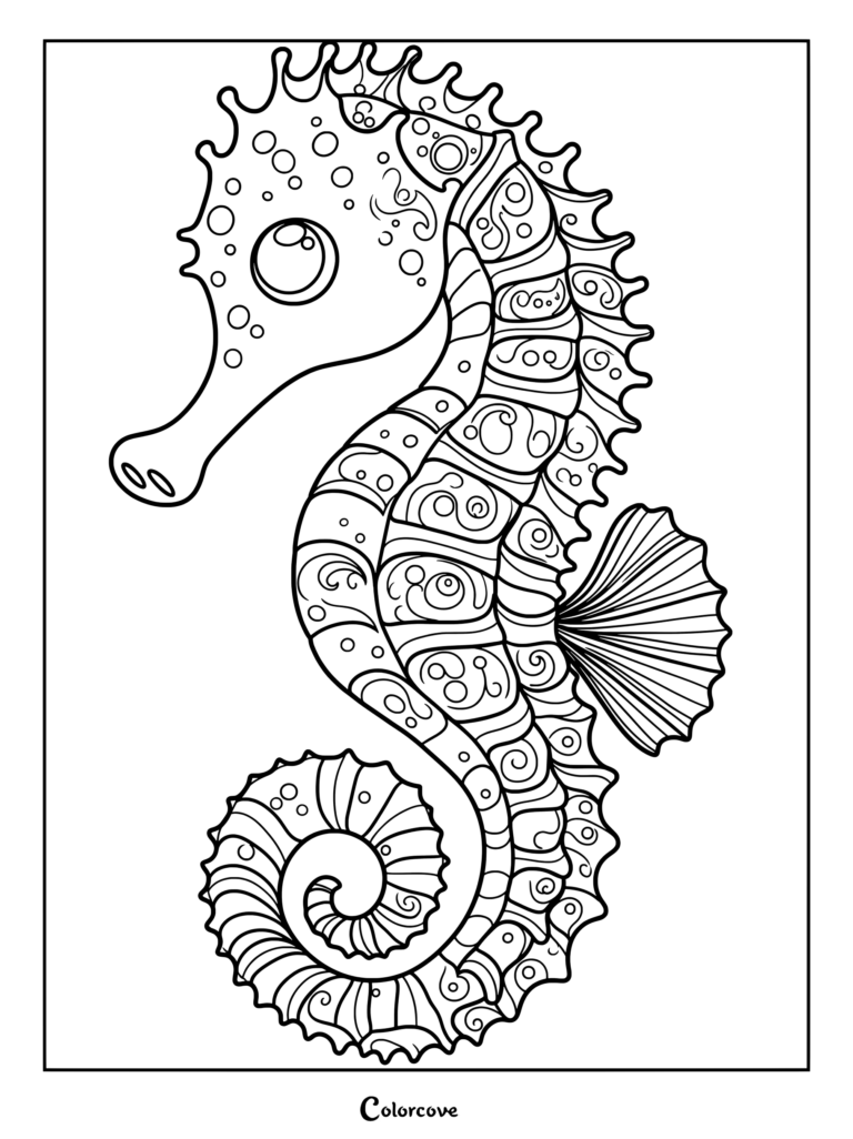 Zentangle patterned seahorse coloring page with intricate body details.