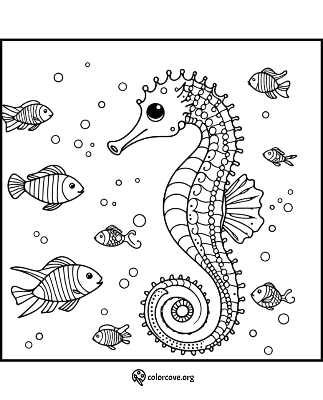 Seahorse coloring page with small fish and bubbles, perfect for kids' ocean-themed activities. Download from colorcove.org.