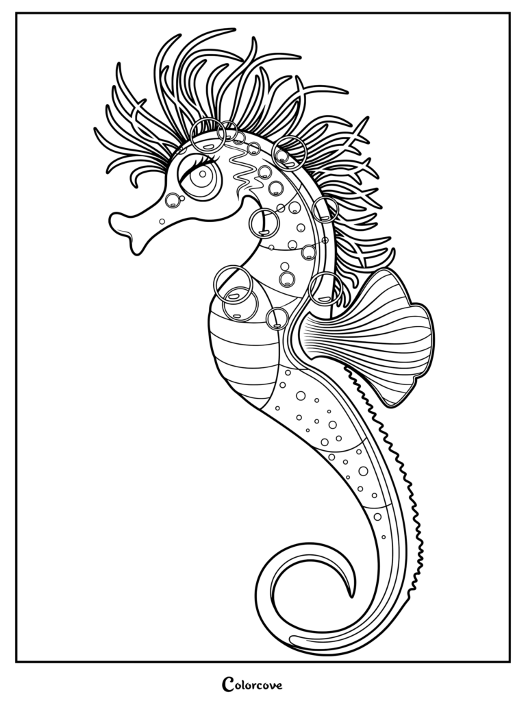 Detailed coloring page of a whimsical seahorse featuring elaborate spiky crest hair and bubble patterns.