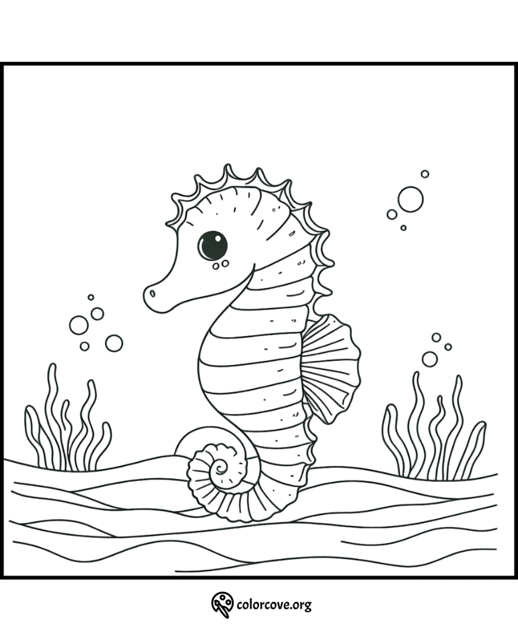 Coloring page of a cute seahorse underwater with seaweed and bubbles. Perfect for kids and marine life enthusiasts.