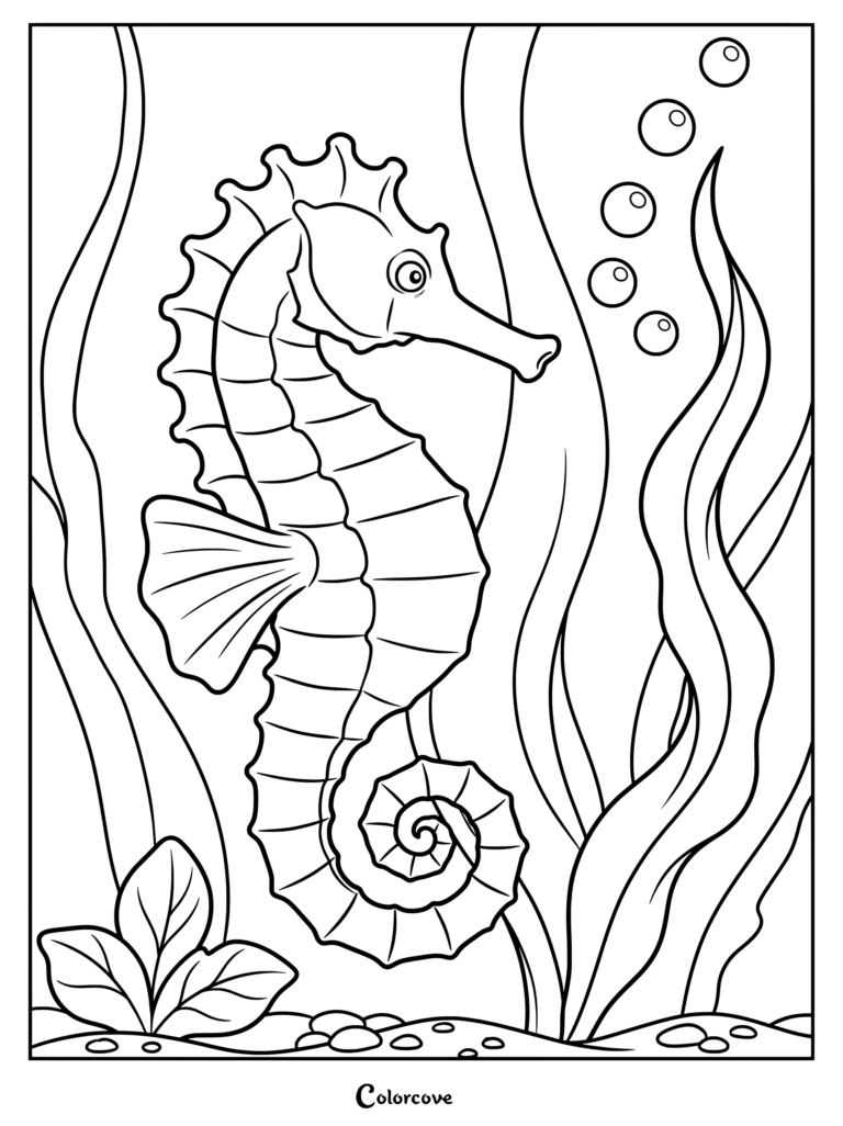 Detailed seahorse coloring page swimming among seaweed and bubbles.