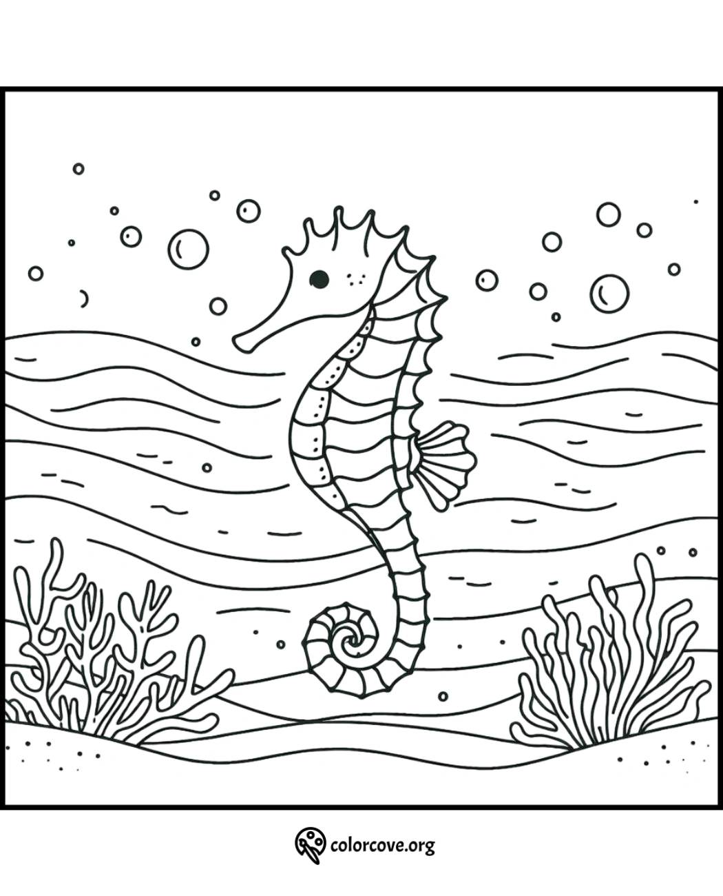 Seahorse coloring page for kids and adults featuring detailed underwater scene with corals and bubbles.