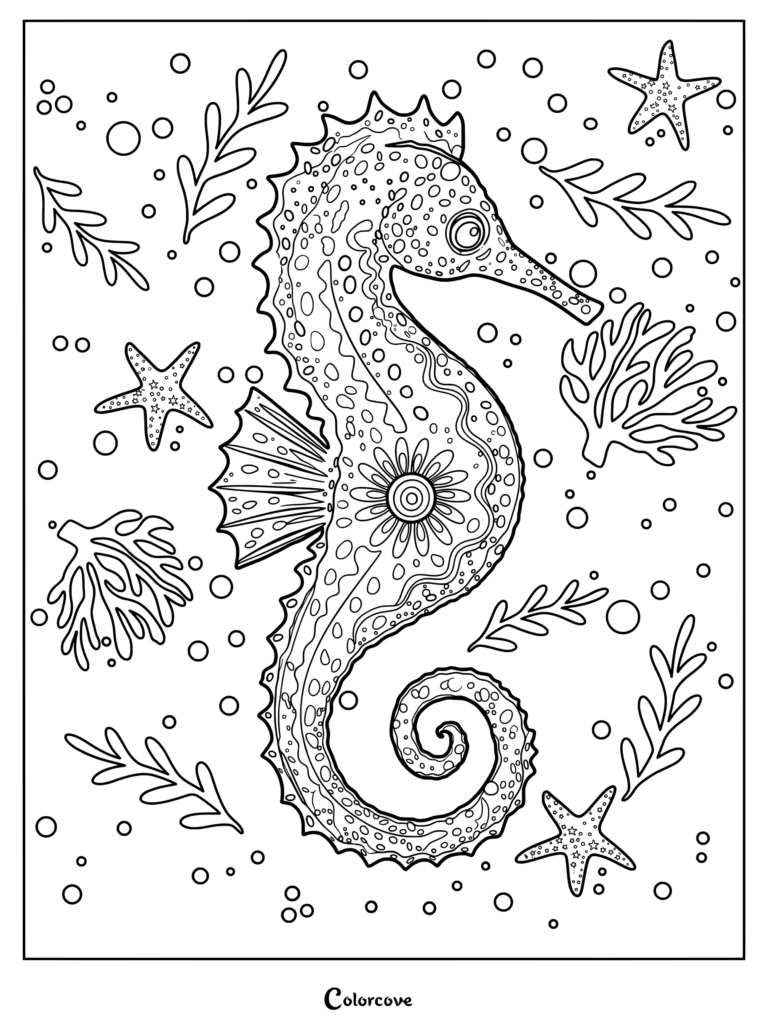 Detailed seahorse coloring page featuring intricate patterns, starfish, and coral reefs.