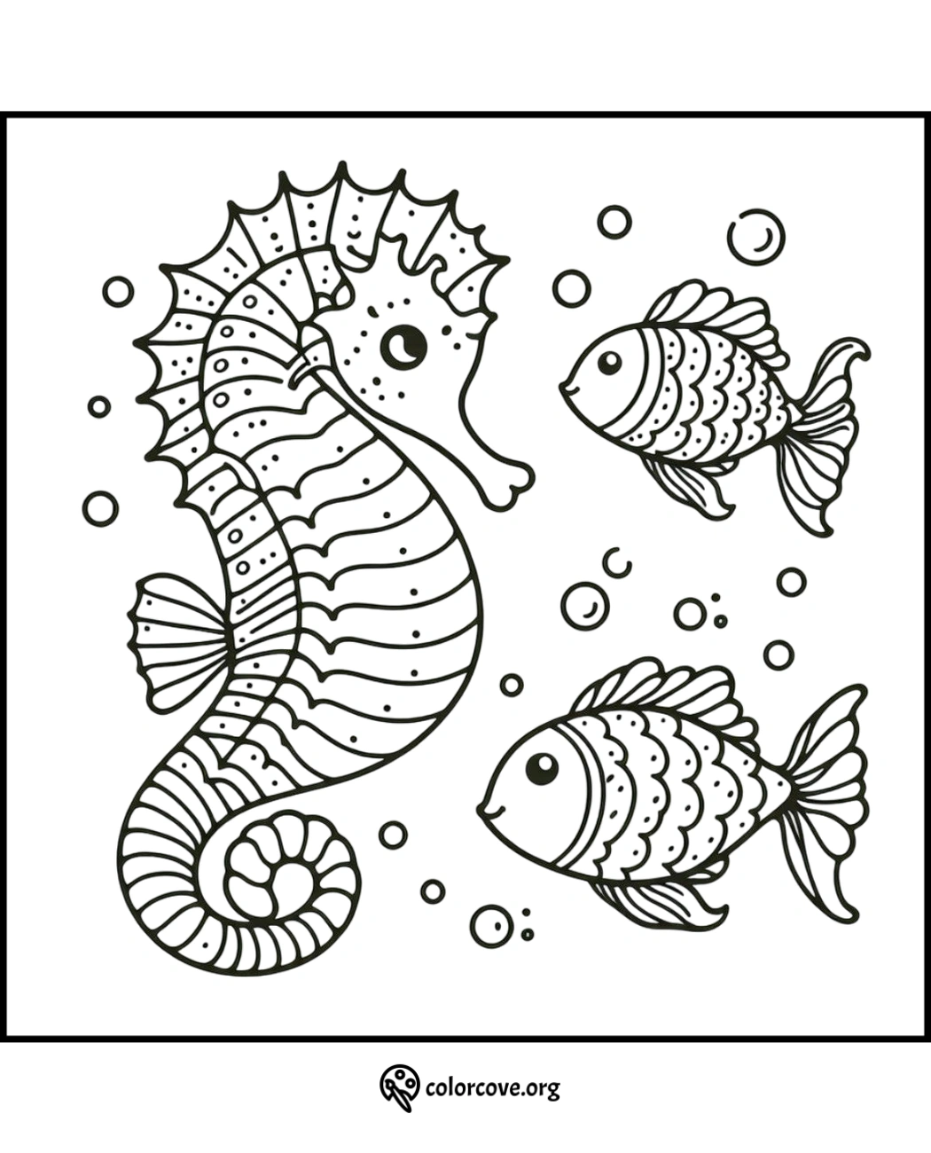 Seahorse and fish coloring page for kids, featuring an underwater scene with bubbles. Free printable from colorcove.org.