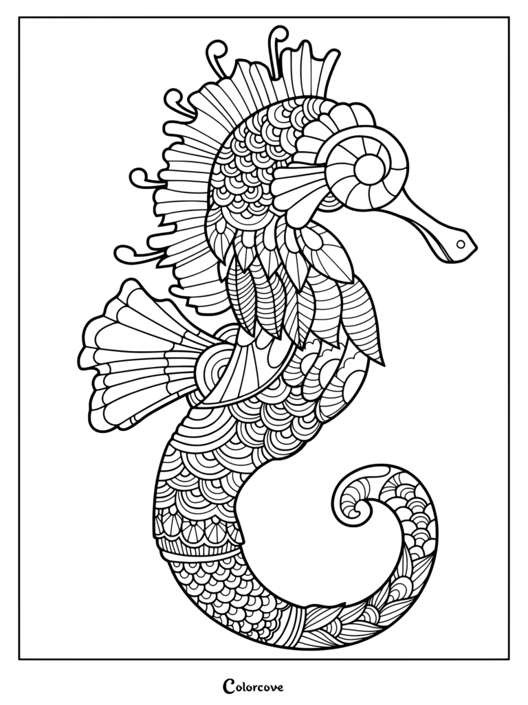 Detailed zentangle seahorse coloring page with intricate floral and geometric patterns.