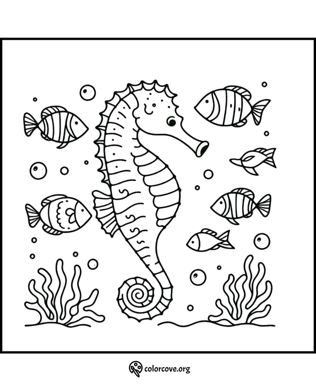 Coloring page of a seahorse with swimming fish and underwater plants. Perfect for kids' aquatic-themed coloring activities.