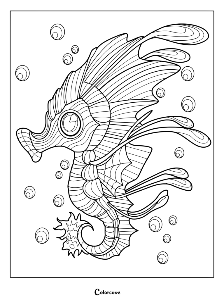 Detailed zentangle patterned seahorse coloring page swimming among rising bubbles.