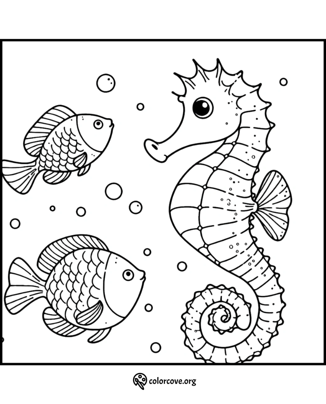 Seahorse and fish coloring page for kids featuring underwater scene with bubbles - ColorCove.org coloring activity sheet.