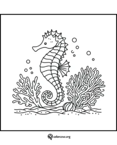 Seahorse coloring page with underwater coral and bubbles, perfect for kids and adults to enjoy and relax while coloring.