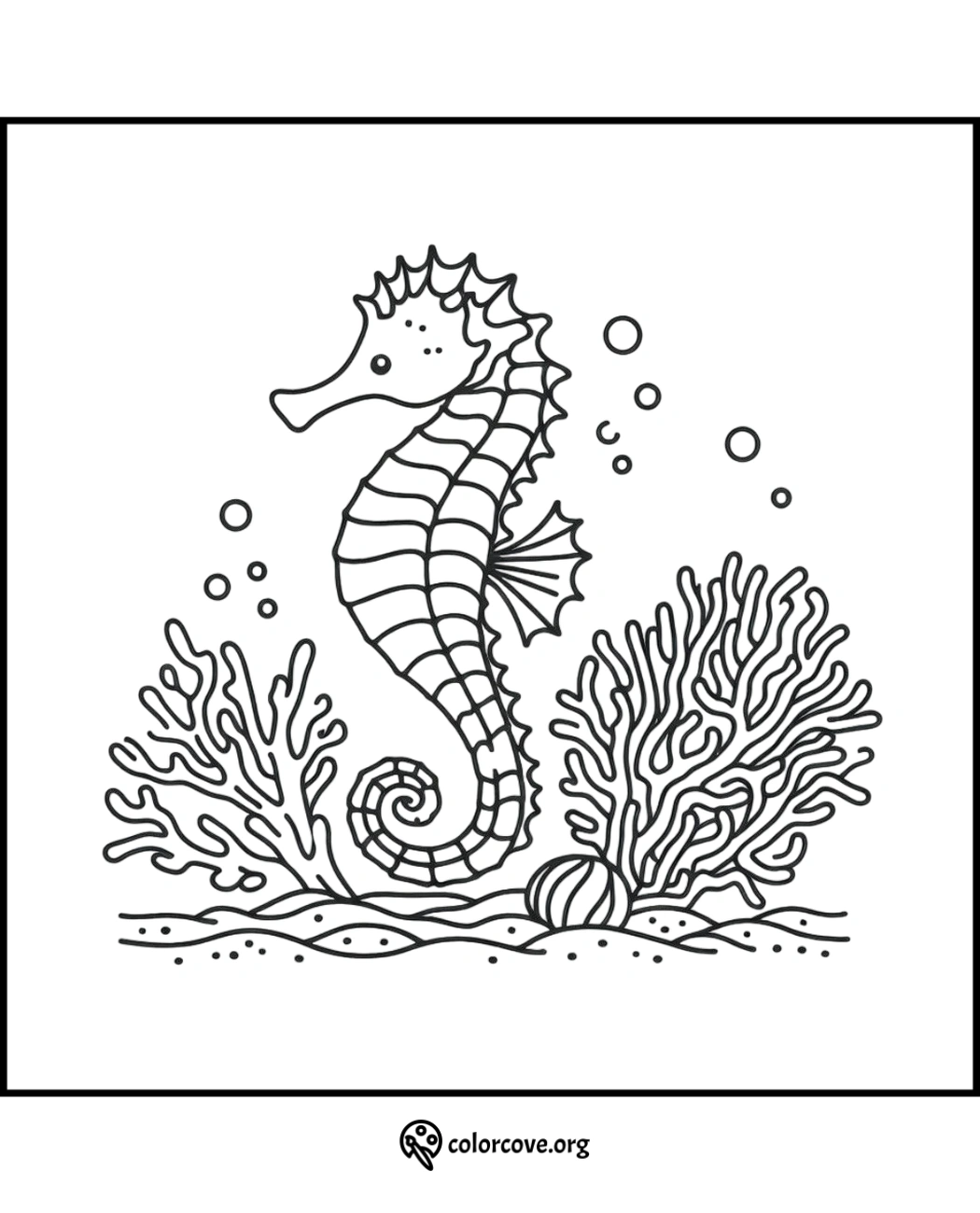 Seahorse coloring page with underwater coral and bubbles, perfect for kids and adults to enjoy and relax while coloring.