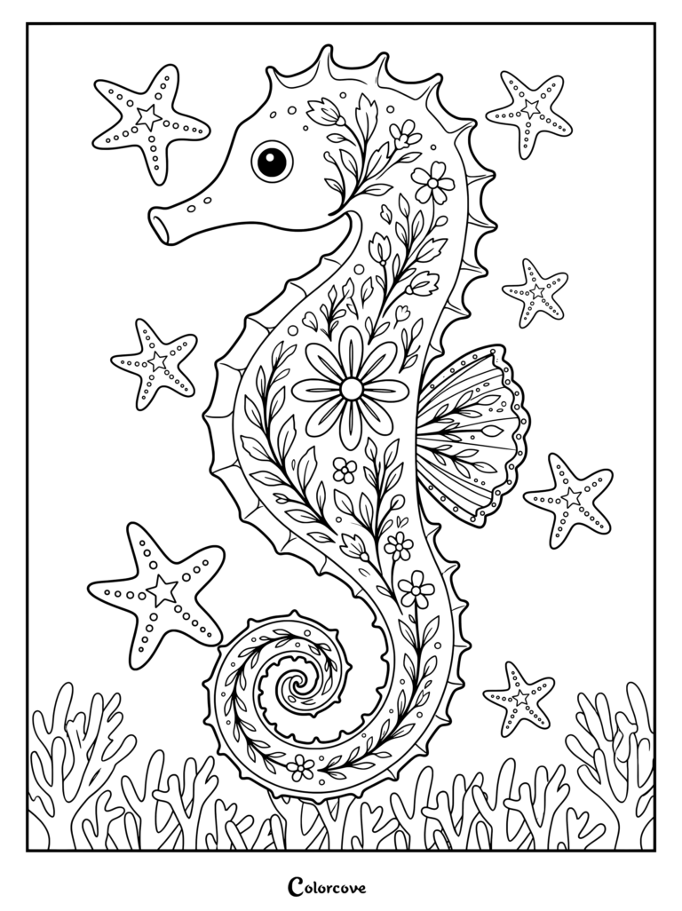 Floral seahorse coloring page decorated with intricate botanical patterns surrounded by starfish and coral reefs.