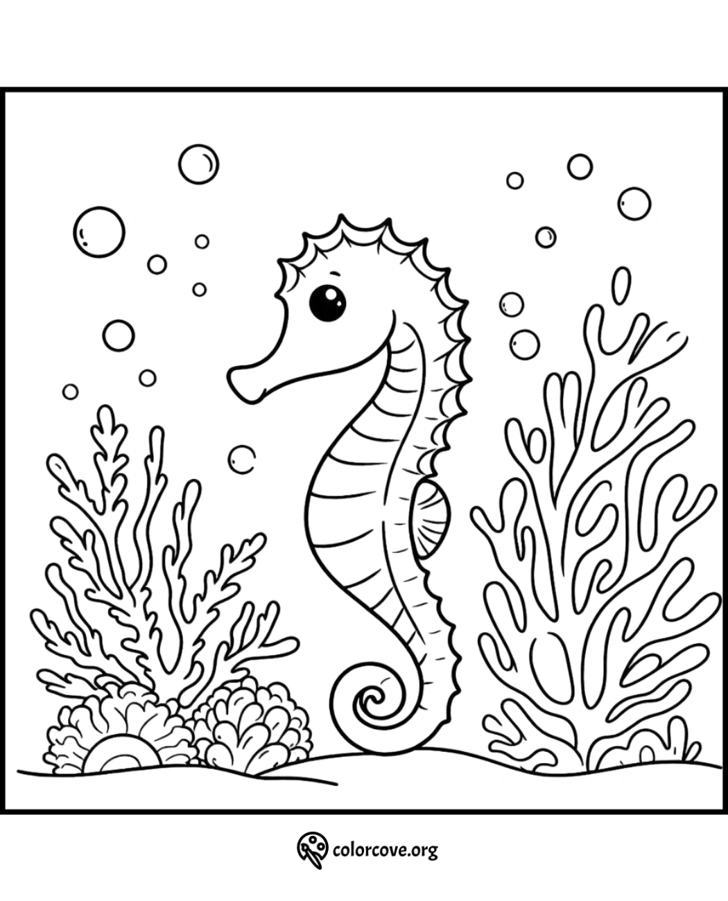 Seahorse coloring page with coral and bubbles for kids and adults. Printable marine life coloring sheet for fun and creativity.