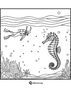 Underwater coloring page featuring a diver exploring near a large seahorse among corals and marine plants.