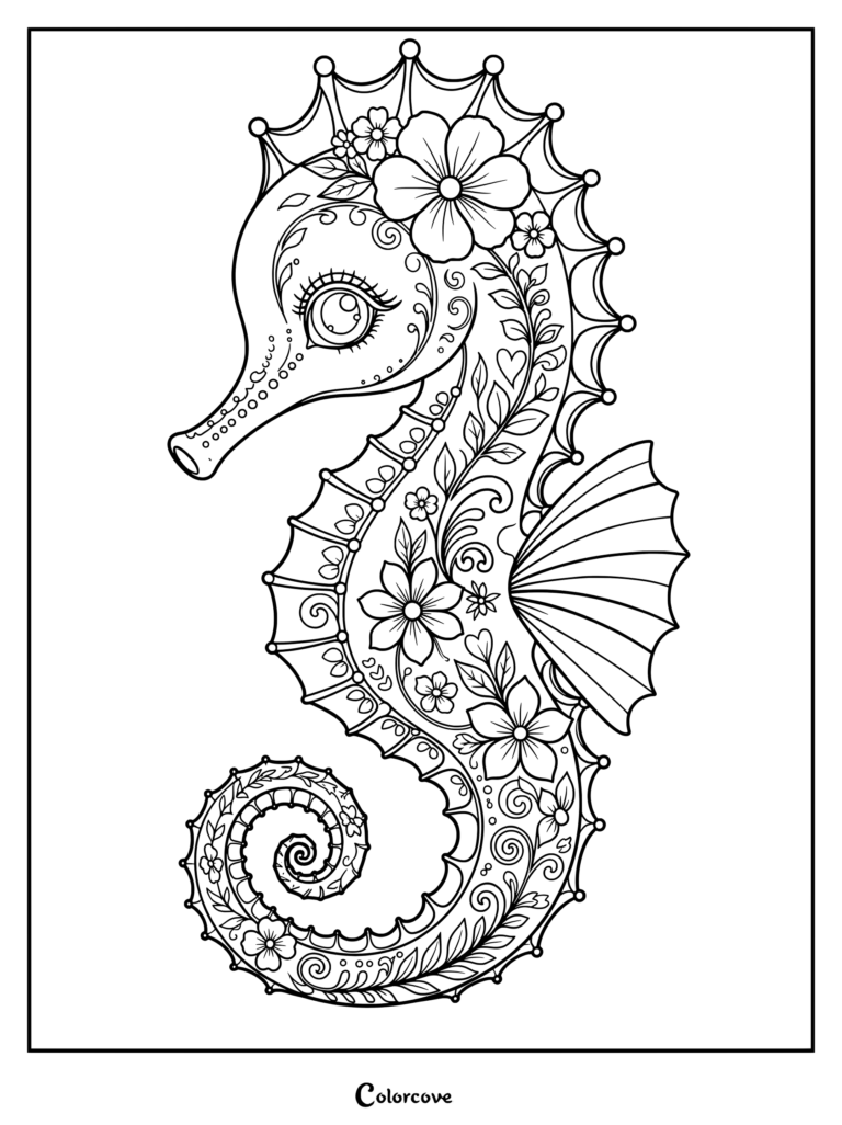 Detailed seahorse coloring page featuring intricate floral mandalas, vines, and leaves.