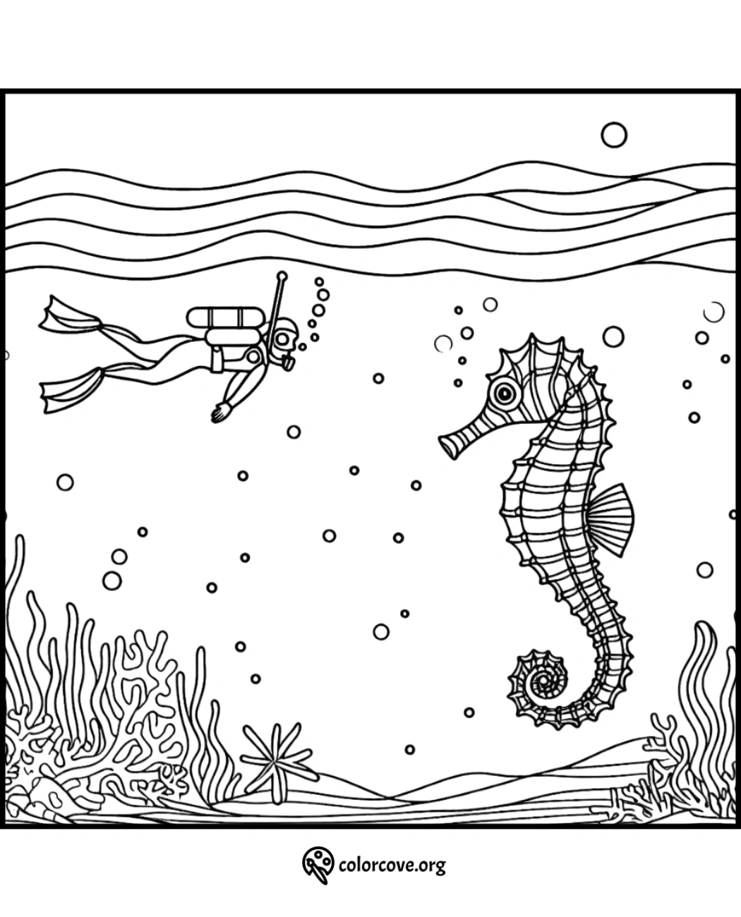 Underwater coloring page featuring a diver exploring near a large seahorse among corals and marine plants.