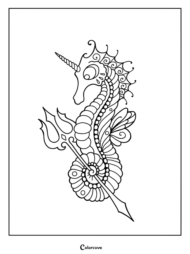 Intricate seahorse coloring page featuring a magical creature with a unicorn horn and trident.