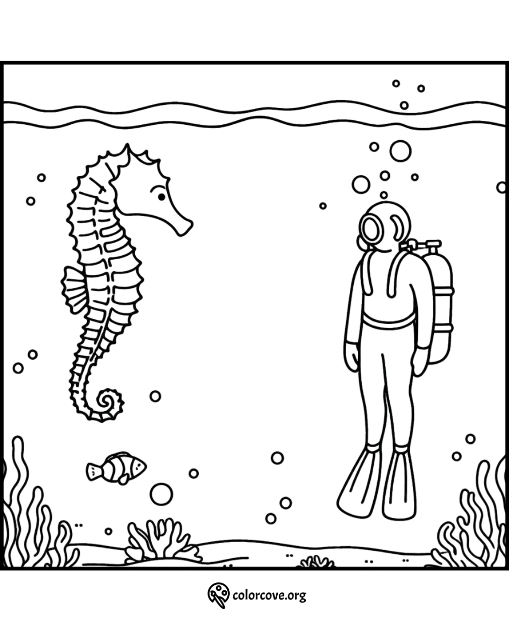 Coloring page of an underwater scene featuring a diver, a large seahorse, a small fish, and sea plants.