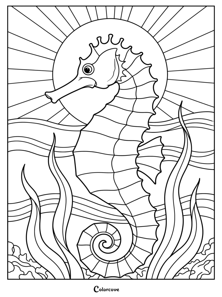 Detailed seahorse coloring page featuring a sunburst background and ocean plants.
