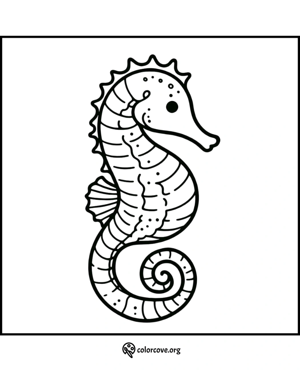 Seahorse coloring page for kids and adults, perfect for ocean-themed arts and crafts activities. Download and print for free.