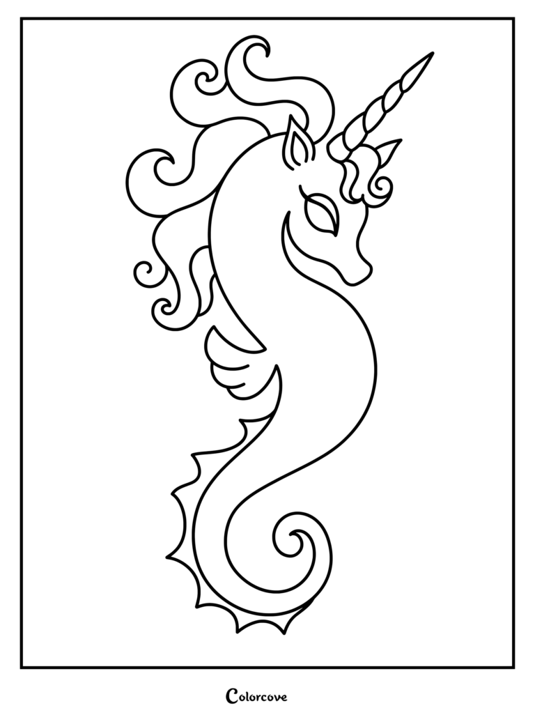 Unicorn seahorse coloring page with flowing mane and spiral horn.