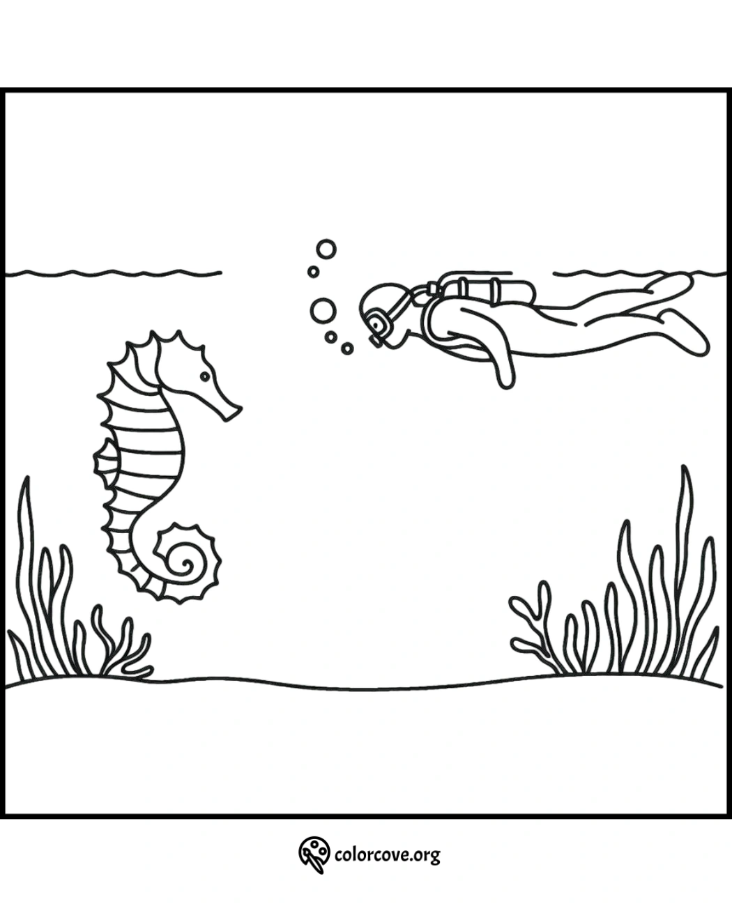 Scuba diver and seahorse underwater coloring page with bubbles and seaweed. Fun marine life activity for kids. Colorcove.org