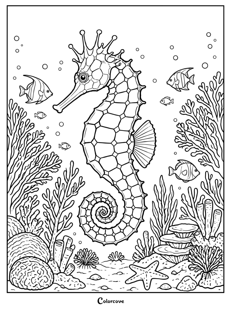 Detailed seahorse coloring page featuring a coral reef and small fish.