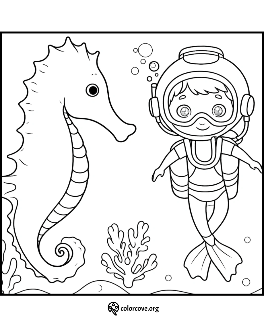 Cute underwater coloring page featuring a scuba diving child and a friendly seahorse next to colorful coral.