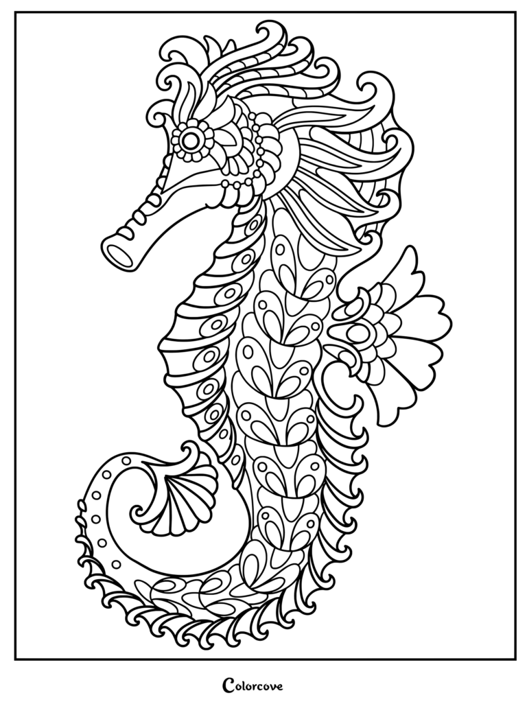 An intricate zentangle seahorse coloring page featuring detailed floral patterns and flowing fin lines.